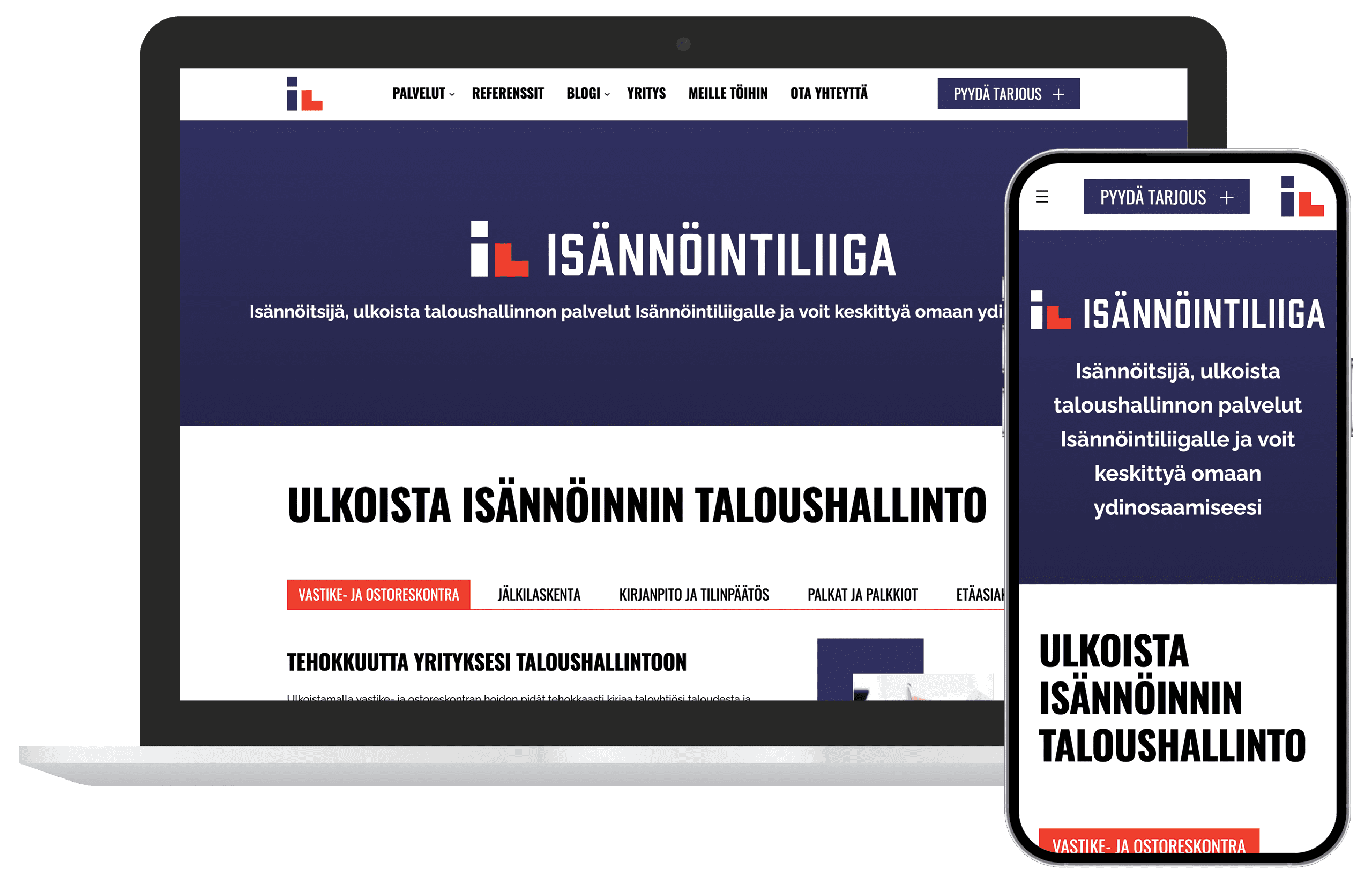 Mock-up LevelUpin Isännöintiliigalle suunnittelemista verkkosivuista